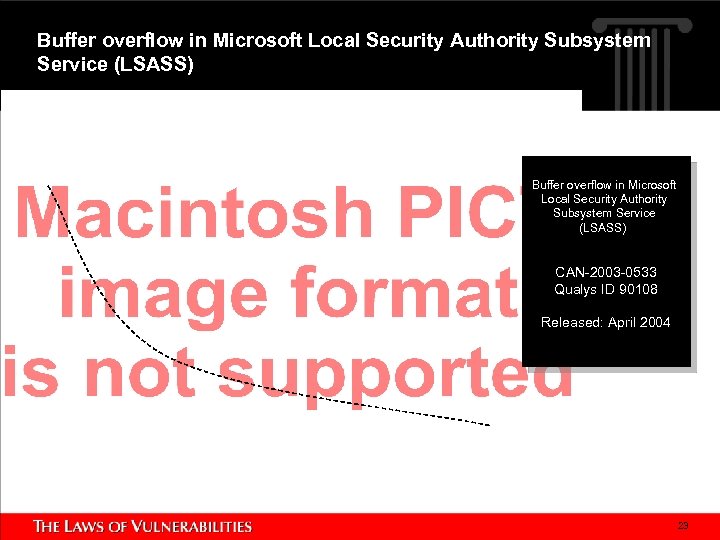Buffer overflow in Microsoft Local Security Authority Subsystem Service (LSASS) CAN-2003 -0533 Qualys ID
