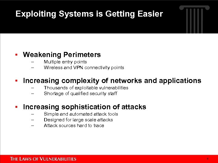 Exploiting Systems is Getting Easier § Weakening Perimeters – – Multiple entry points Wireless