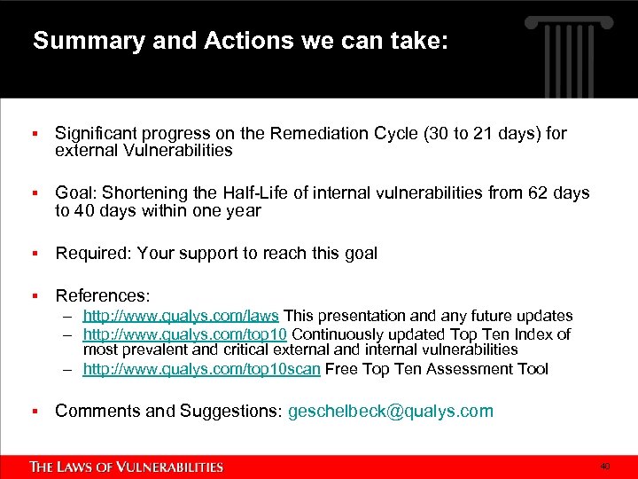 Summary and Actions we can take: § Significant progress on the Remediation Cycle (30