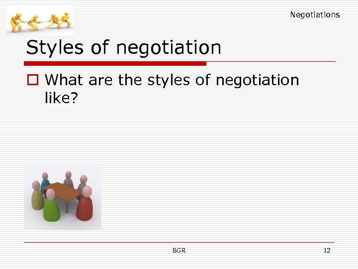 Negotiations Styles of negotiation o What are the styles of negotiation like? BGR 12