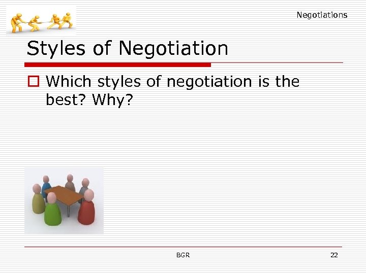 Negotiations Styles of Negotiation o Which styles of negotiation is the best? Why? BGR