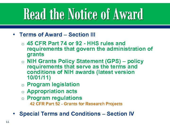 Read the Notice of Award • Terms of Award – Section III o 45