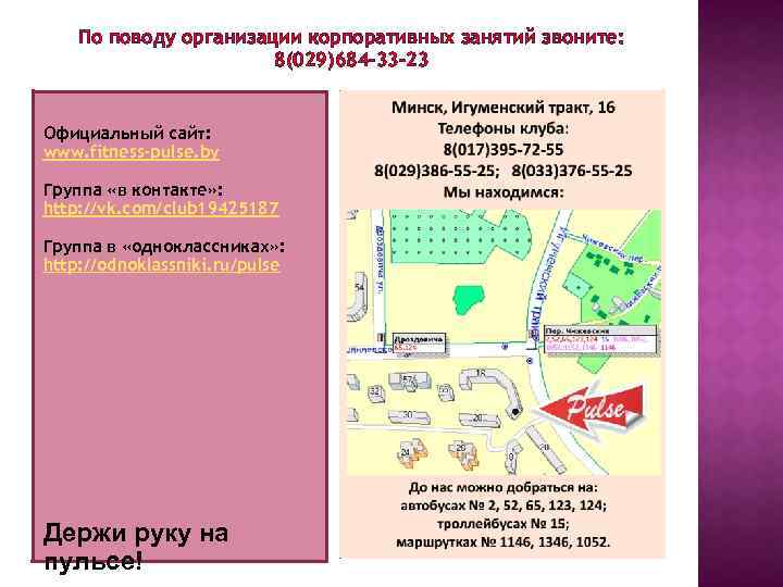 По поводу организации корпоративных занятий звоните: 8(029)684 -33 -23 Официальный сайт: www. fitness-pulse. by