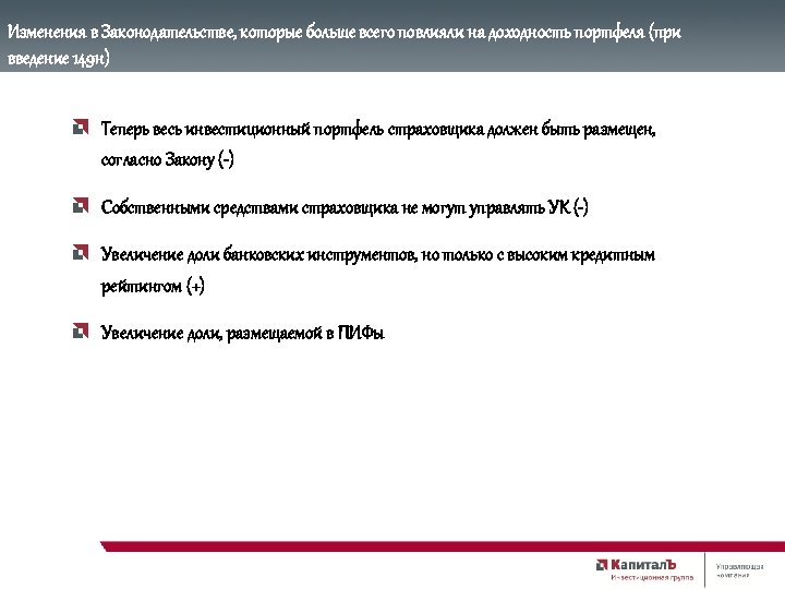 Изменения в Законодательстве, которые больше всего повлияли на доходность портфеля (при введение 149 н)
