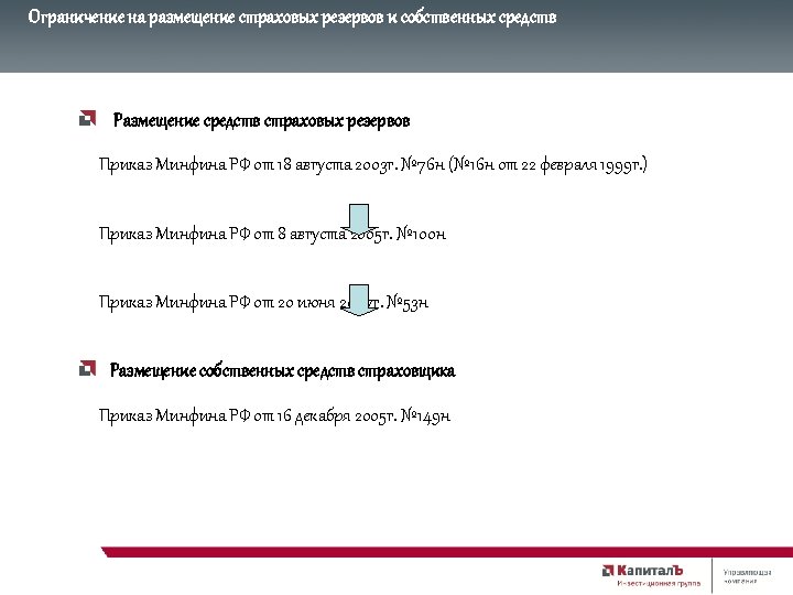 Ограничение на размещение страховых резервов и собственных средств Размещение средств страховых резервов Приказ Минфина