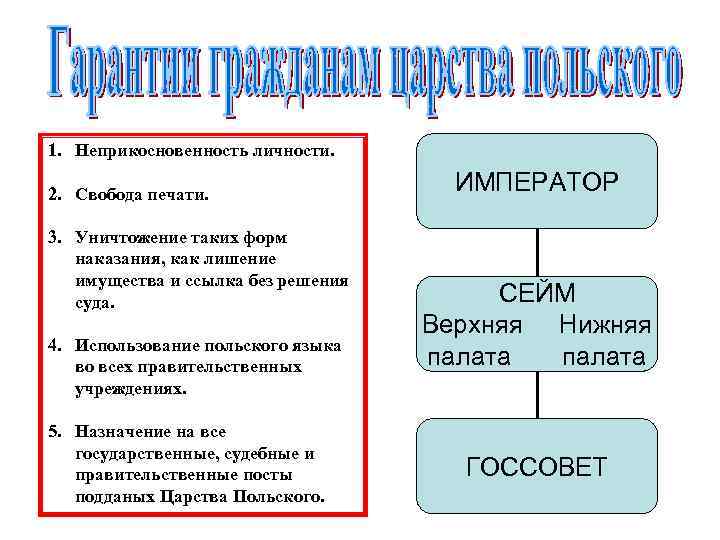 1. Неприкосновенность личности. 2. Свобода печати. 3. Уничтожение таких форм наказания, как лишение имущества