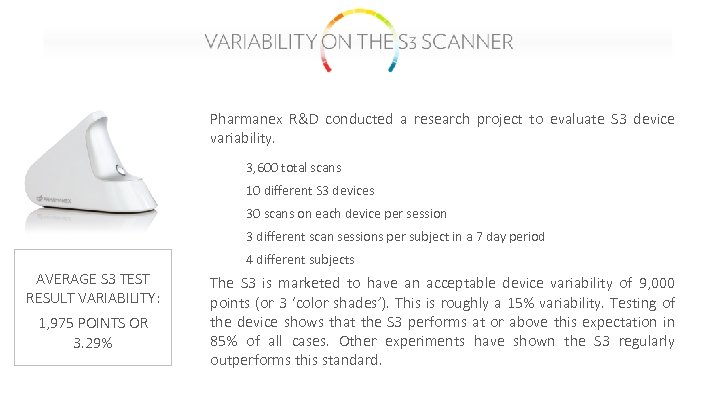 Pharmanex R&D conducted a research project to evaluate S 3 device variability. 3, 600