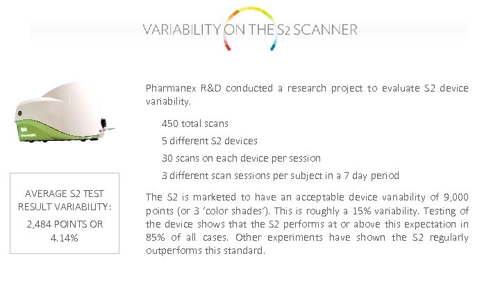 Pharmanex R&D conducted a research project to evaluate S 2 device variability. • •