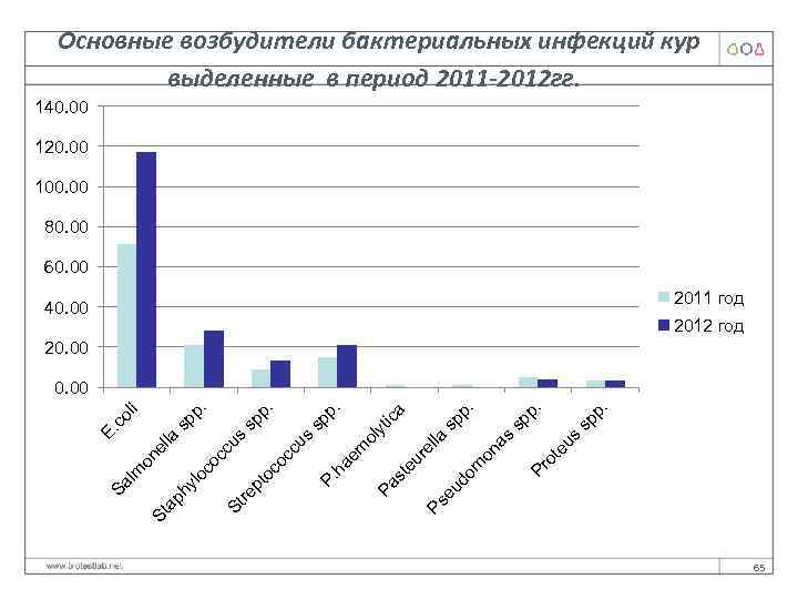  Основные возбудители бактериальных инфекций кур выделенные в период 2011 -2012 гг. 140. 00