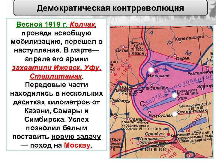 Демократическая контрреволюция Весной 1919 г. Колчак, Колчак проведя всеобщую мобилизацию, перешел в наступление. В