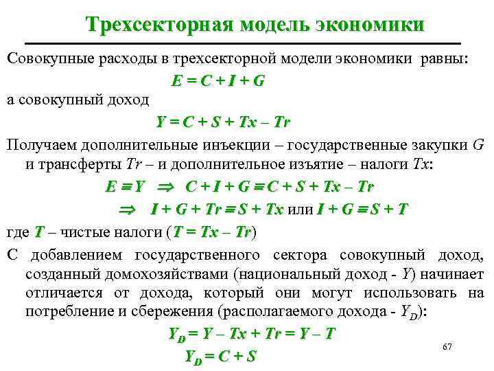 Трехсекторная модель экономики Совокупные расходы в трехсекторной модели экономики равны: E=C+I+G а совокупный доход