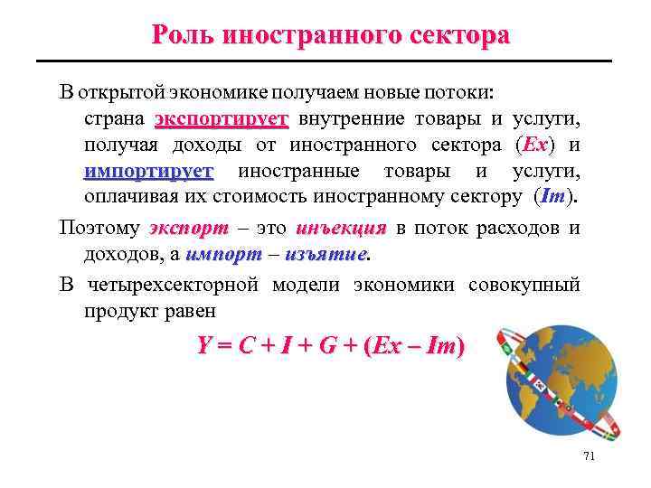 Роль иностранного сектора В открытой экономике получаем новые потоки: страна экспортирует внутренние товары и