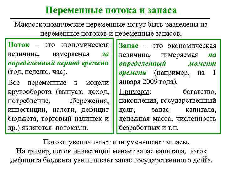 Переменные потока и запаса Макроэкономические переменные могут быть разделены на переменные потоков и переменные