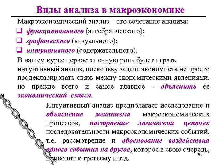 Виды анализа в макроэкономике Макроэкономический анализ – это сочетание анализа: q функционального (алгебраического); q