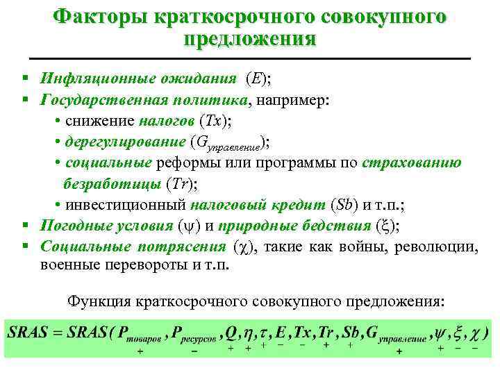 Факторы краткосрочного совокупного предложения § Инфляционные ожидания (E); § Государственная политика, например: • снижение