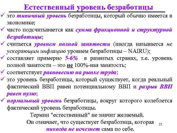 Естественный уровень безработицы ü это типичный уровень безработицы, который обычно имеется в экономике; ü