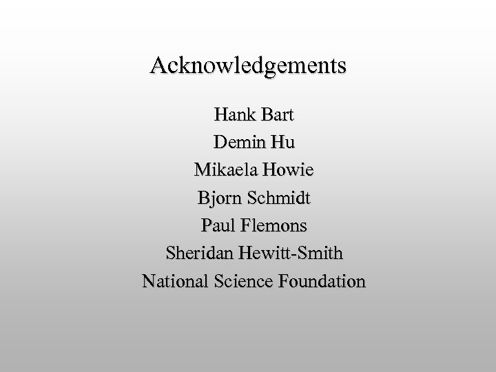 Acknowledgements Hank Bart Demin Hu Mikaela Howie Bjorn Schmidt Paul Flemons Sheridan Hewitt-Smith National