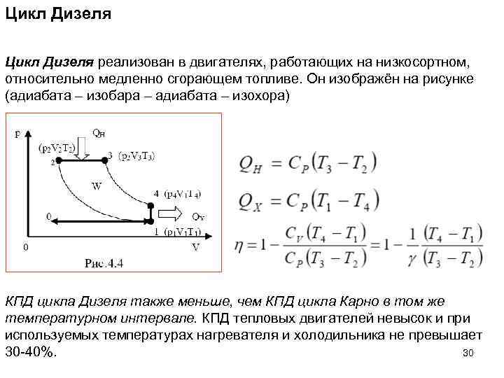 Цикл Дизеля реализован в двигателях, работающих на низкосортном, относительно медленно сгорающем топливе. Он изображён