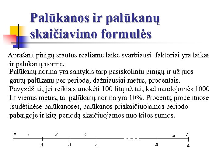 Palūkanos ir palūkanų skaičiavimo formulės Aprašant pinigų srautus realiame laike svarbiausi faktoriai yra laikas
