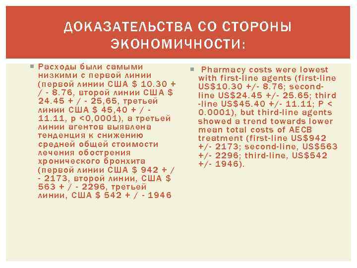 ДОКАЗАТЕЛЬСТВА СО СТОРОНЫ ЭКОНОМИЧНОСТИ: Расходы были самыми низкими с первой линии (первой линии США