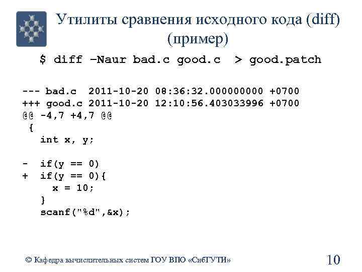 Утилиты сравнения исходного кода (diff) (пример) $ diff –Naur bad. c good. c >