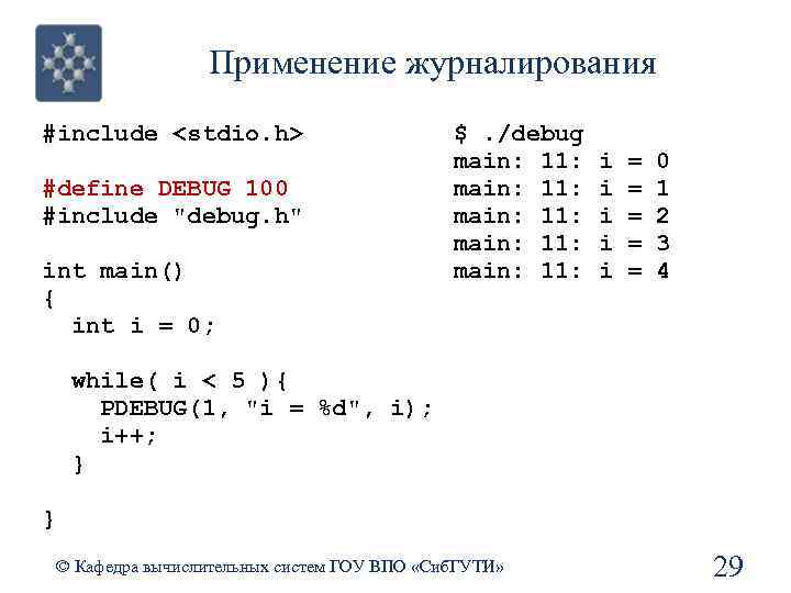 Применение журналирования #include <stdio. h> #define DEBUG 100 #include 