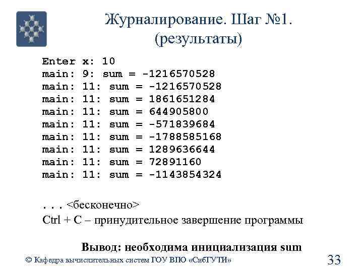 Журналирование. Шаг № 1. (результаты) Enter main: main: main: x: 10 9: sum =