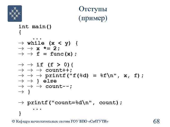 Отступы (пример) int main() {. . . while (x < y) { x *=