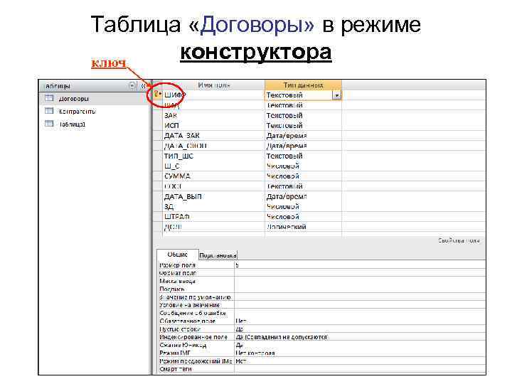 Таблица «Договоры» в режиме конструктора ключ 