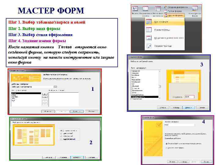 МАСТЕР ФОРМ Шаг 1. Выбор таблицы/запроса и полей Шаг 2. Выбор вида формы Шаг