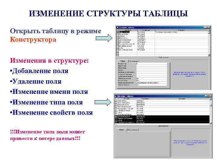 Раскрыт таблица. Модификация структуры таблицы. Как открыть таблицу в режиме таблицы. Смена типа данных. Как сделать структуру таблицы в режиме конструктор.