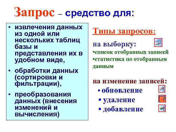 Запрос – средство для: • извлечения данных из одной или нескольких таблиц базы и