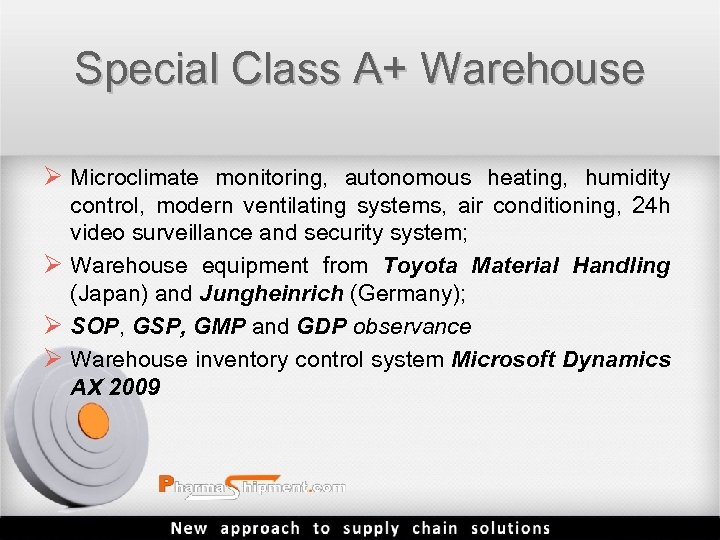 Special Class A+ Warehouse Ø Microclimate monitoring, autonomous heating, humidity control, modern ventilating systems,