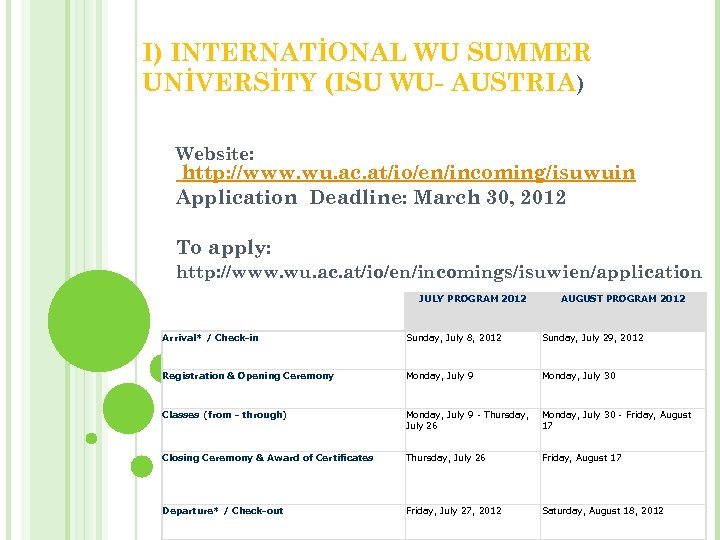 I) INTERNATİONAL WU SUMMER UNİVERSİTY (ISU WU- AUSTRIA) Website: http: //www. wu. ac. at/io/en/incoming/isuwuin
