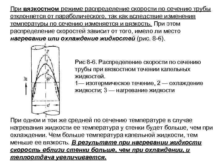 При вязкостном режиме распределение скорости по сечению трубы отклоняется от параболического, так как вследствие