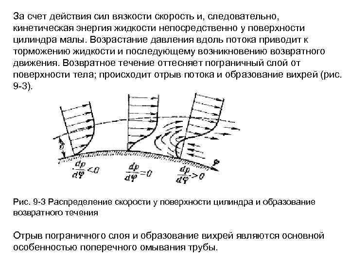 За счет действия сил вязкости скорость и, следовательно, кинетическая энергия жидкости непосредственно у поверхности