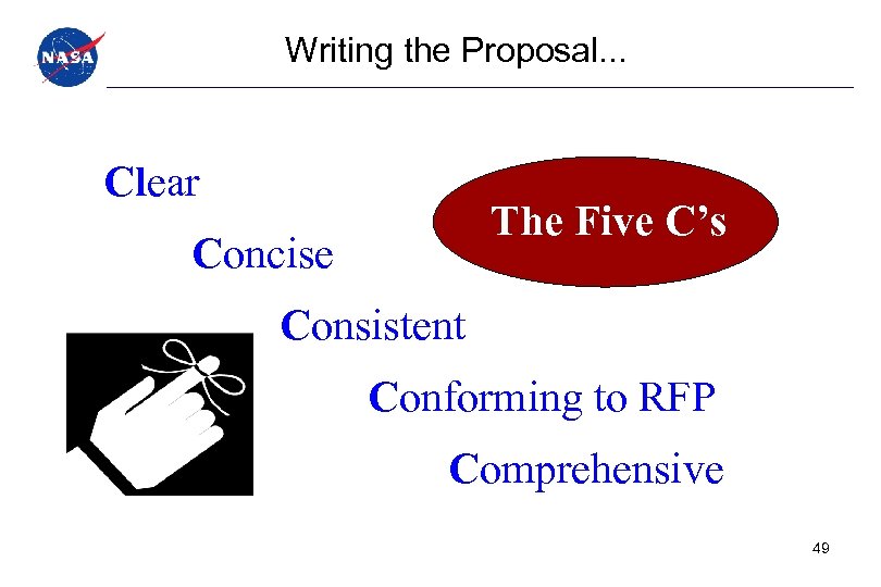 Writing the Proposal. . . Clear The Five C’s Concise Consistent Conforming to RFP