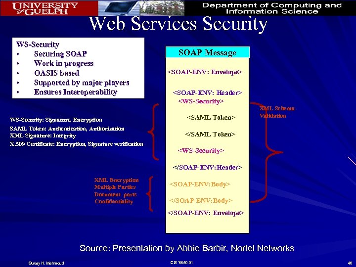 Web Services Security WS-Security • Securing SOAP • Work in progress • OASIS based