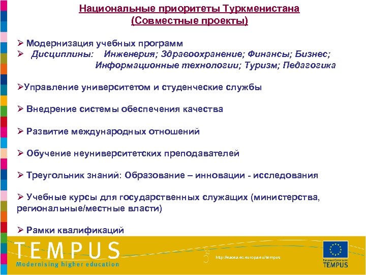 Национальные приоритеты Туркменистана (Совместные проекты) Ø Модернизация учебных программ Ø Дисциплины: Инженерия; Здравоохранение; Финансы;