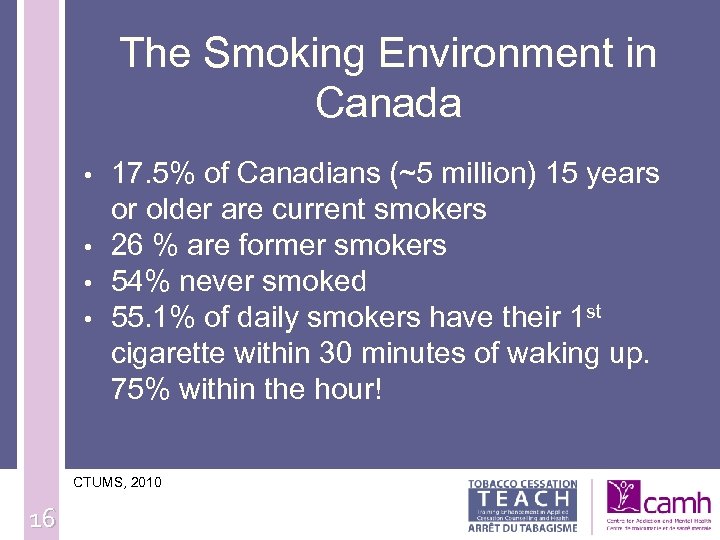 The Smoking Environment in Canada • • 17. 5% of Canadians (~5 million) 15