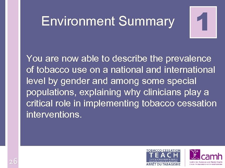 Environment Summary 1 You are now able to describe the prevalence of tobacco use