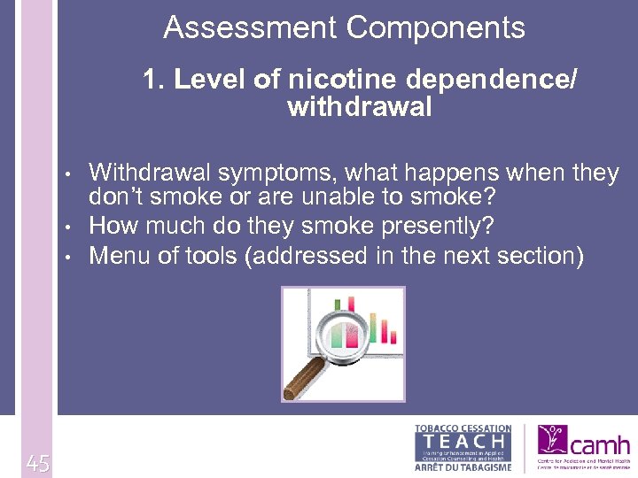  Assessment Components 1. Level of nicotine dependence/ withdrawal • • • 45 Withdrawal