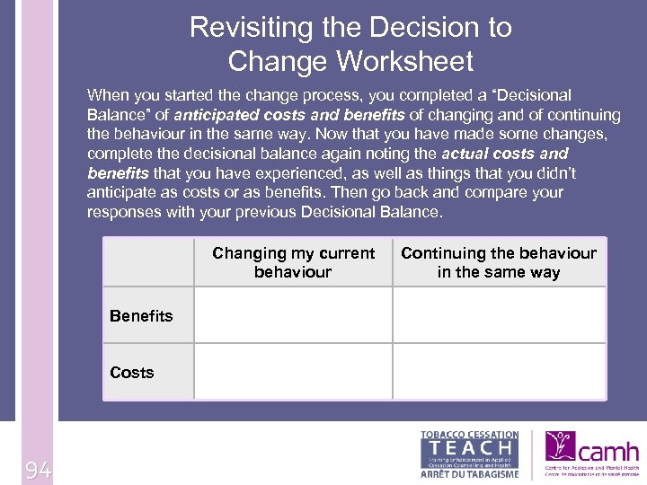 Revisiting the Decision to Change Worksheet When you started the change process, you completed