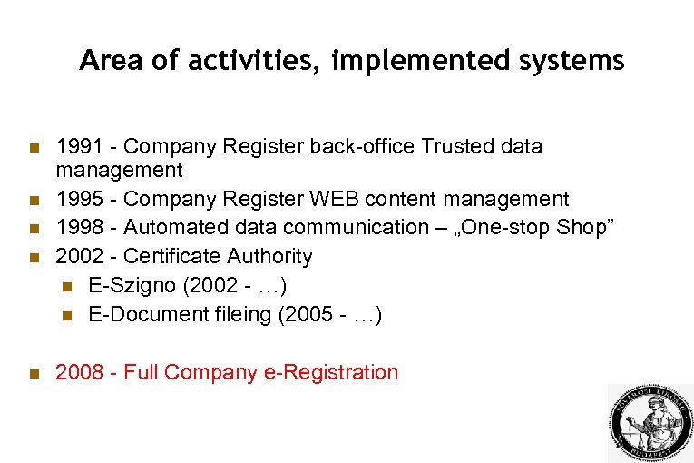 Area of activities, implemented systems 1991 - Company Register back-office Trusted data management 1995