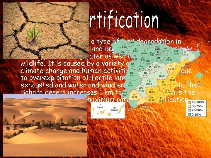 Desertification is a type of land degradation in which a relatively dry land region