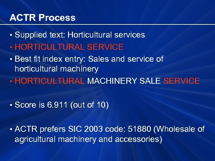 ACTR Process • Supplied text: Horticultural services • HORTICULTURAL SERVICE • Best fit index