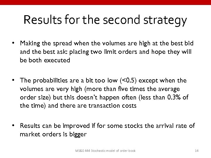 Results for the second strategy • Making the spread when the volumes are high