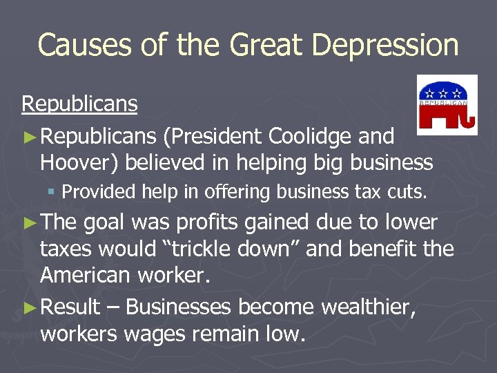 Causes of the Great Depression Republicans ► Republicans (President Coolidge and Hoover) believed in