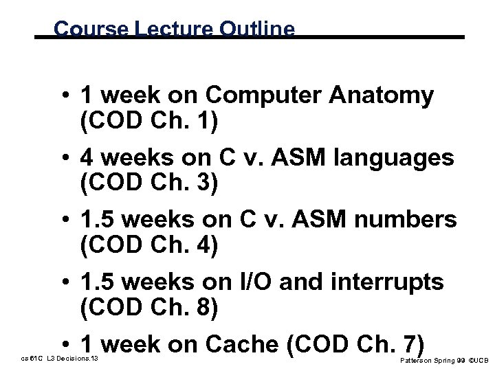Course Lecture Outline • 1 week on Computer Anatomy (COD Ch. 1) • 4
