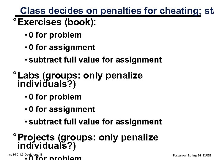 Class decides on penalties for cheating; sta ° Exercises (book): • 0 for problem